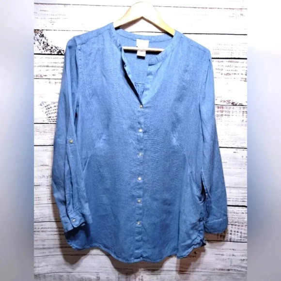 Sigrid Olsen Button Down Blouse Blue size Medium Linen Lightweight‎ Vacation - Picture 5 of 5